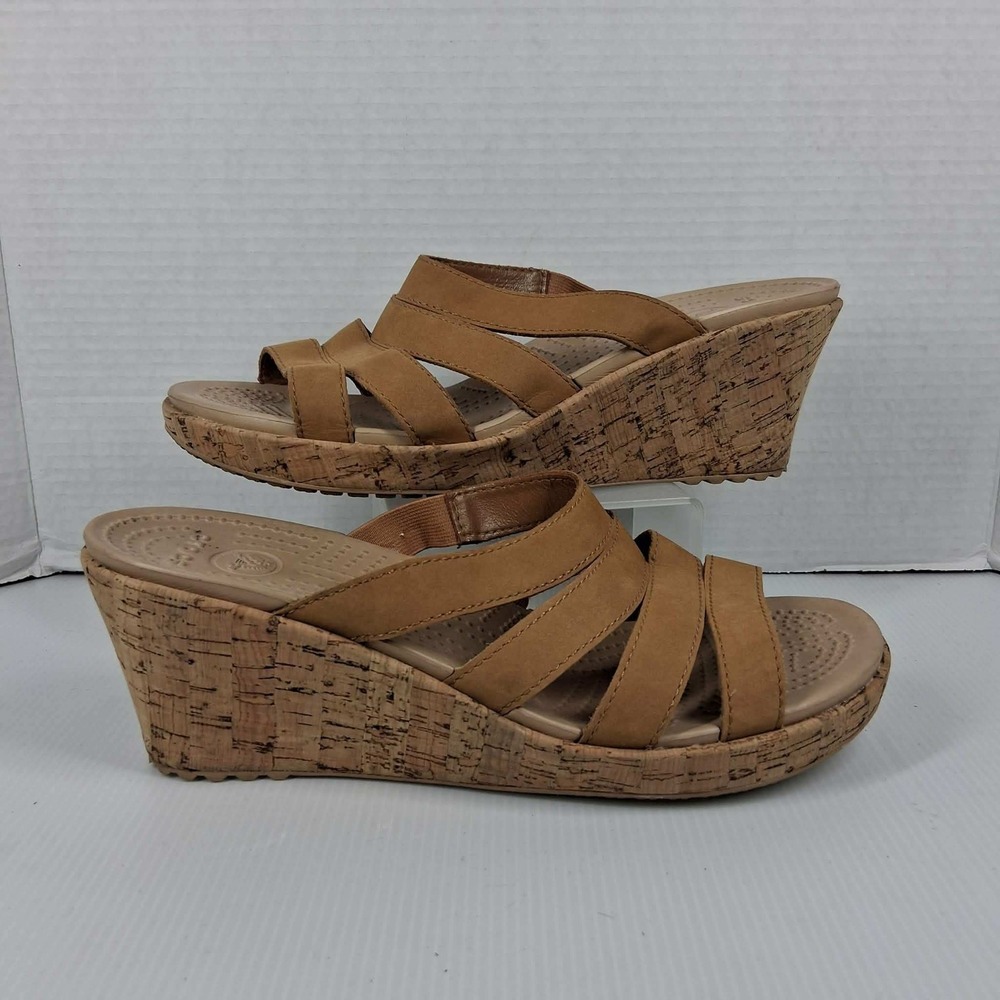 Crocs Leigh II Wedge Sandals Womens 11 Tan Strappy‎ Cork Wrap Slides 202513-23Q